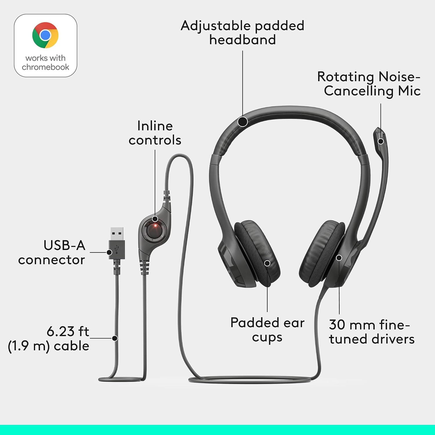 Logitech H390 Wired Headset PC/Laptop Stereo Headphones, USB-A, Black