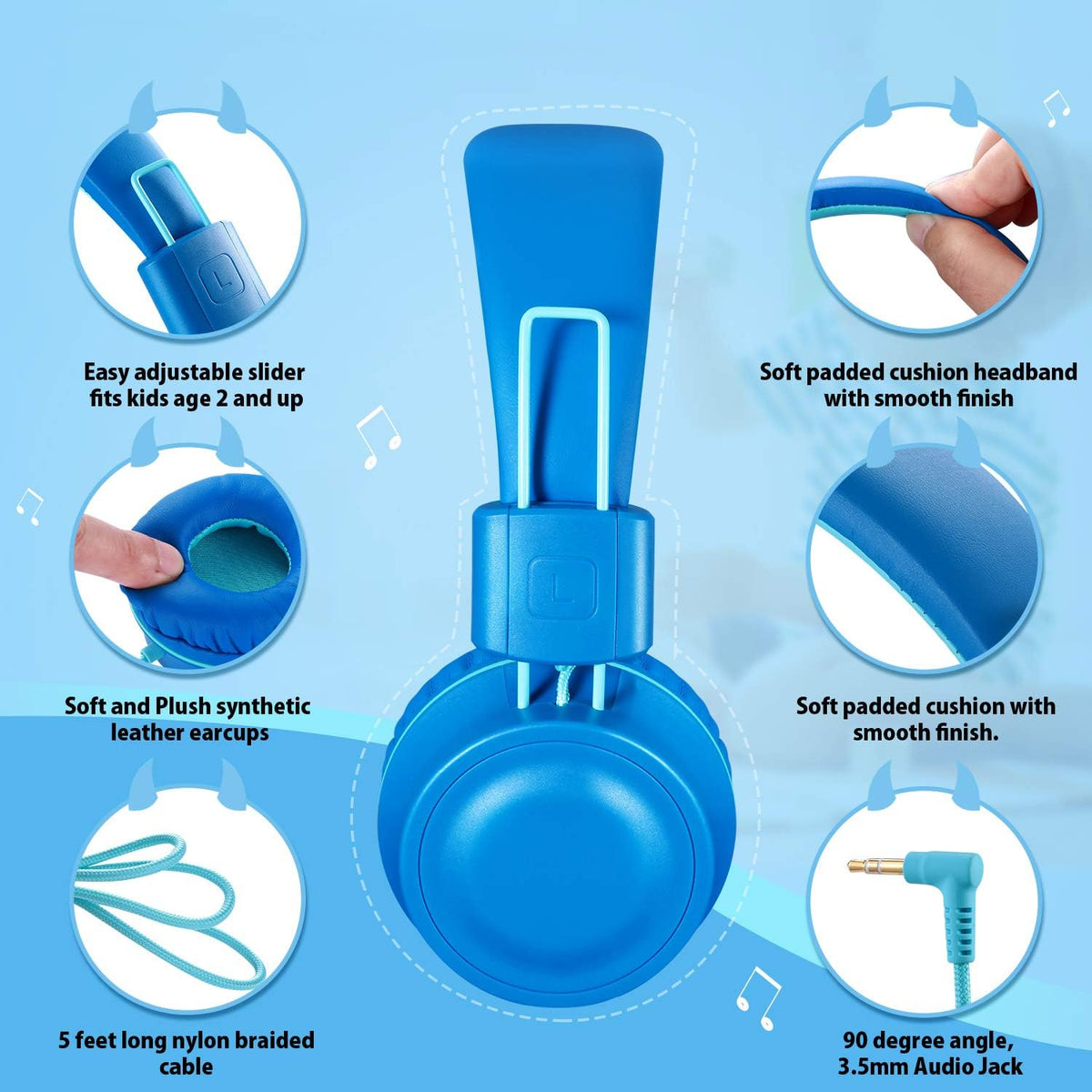 iRAG J01 Kids Headphones Wired On-Ear Foldable 3.5mm Jack Cord, Ocean Blue